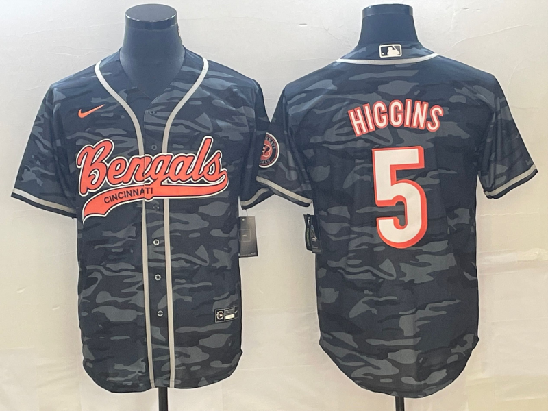 Men's Cincinnati Bengals #5 Tee Higgins Grey Camo With Patch Cool Base Stitched Baseball Jersey Men's Cincinnati Bengals #5 Tee Higgins Grey Camo With Patch Cool Base Stitched Baseball Jersey